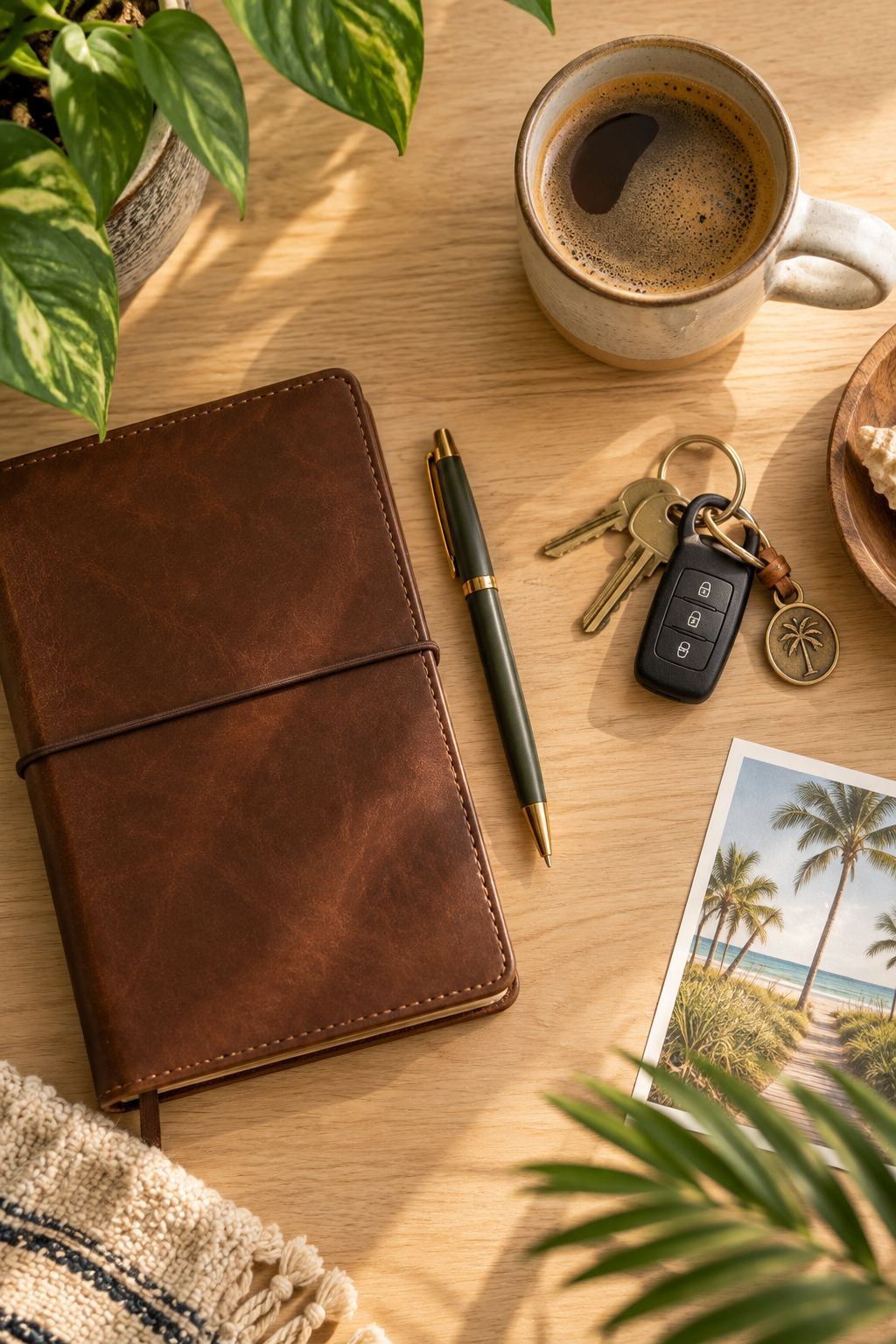 Desk flat-lay, illustrative