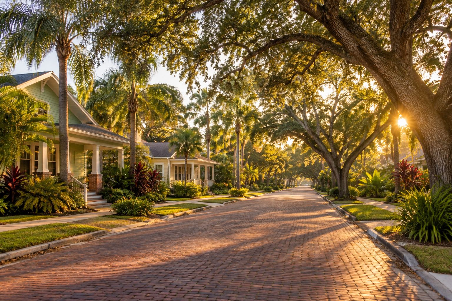 A tree-lined brick street in St. Petersburg, illustrative