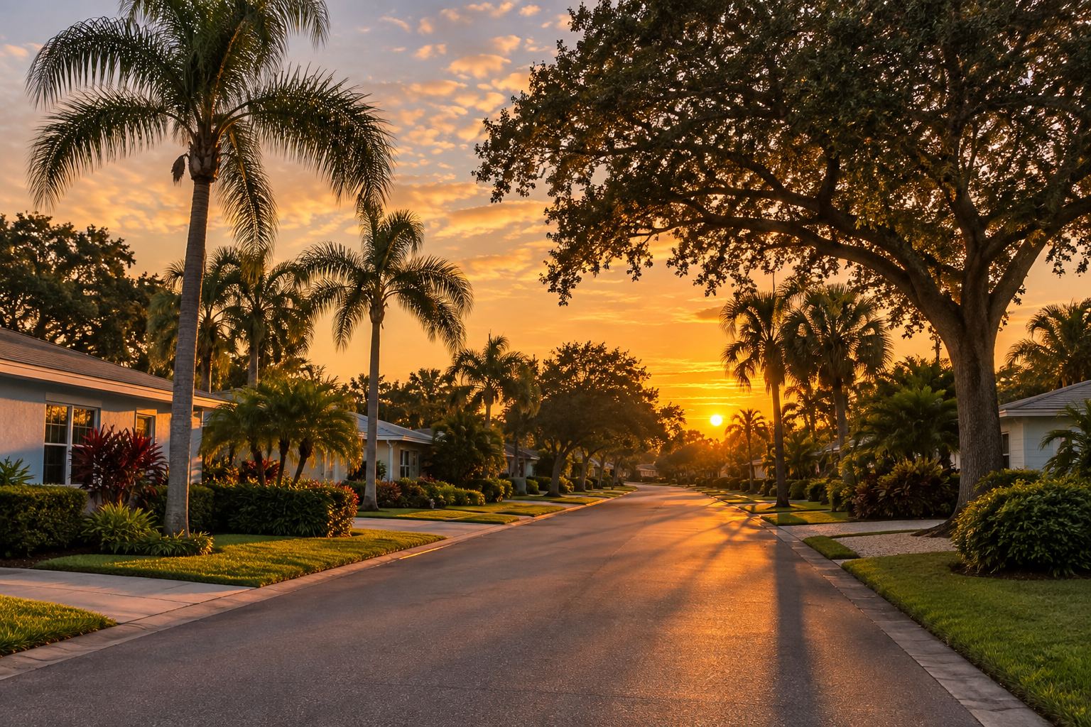 A St. Petersburg residential street at sunset, illustrative