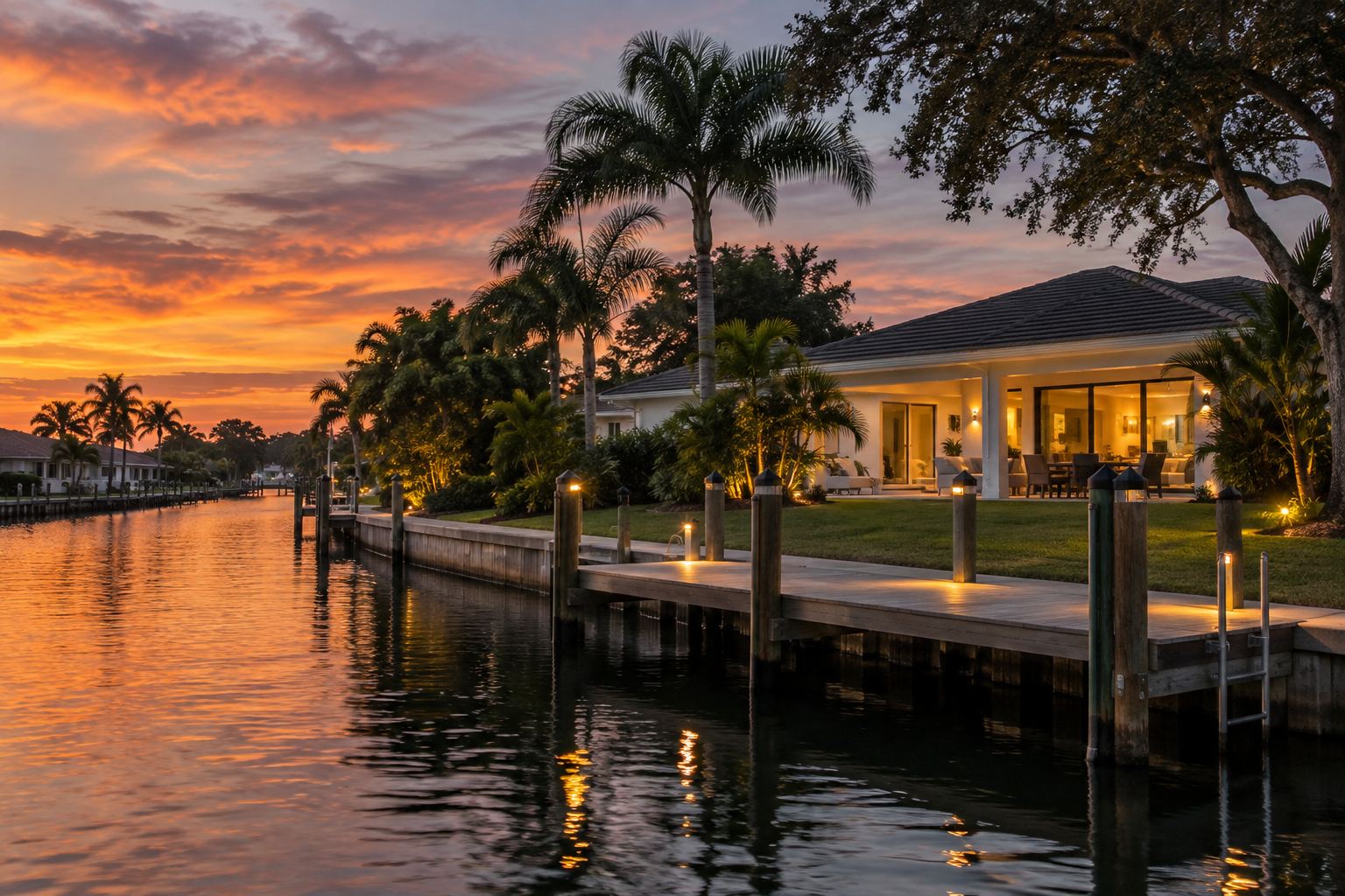 A St. Petersburg waterfront home at dusk, illustrative