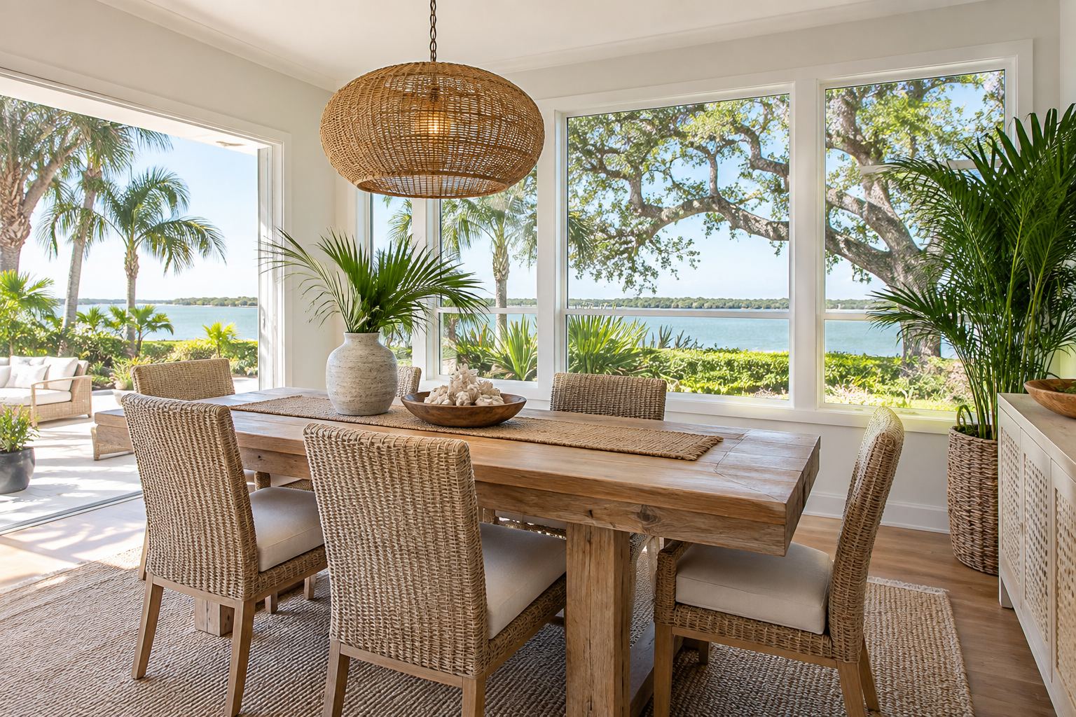 A bright coastal dining room, illustrative